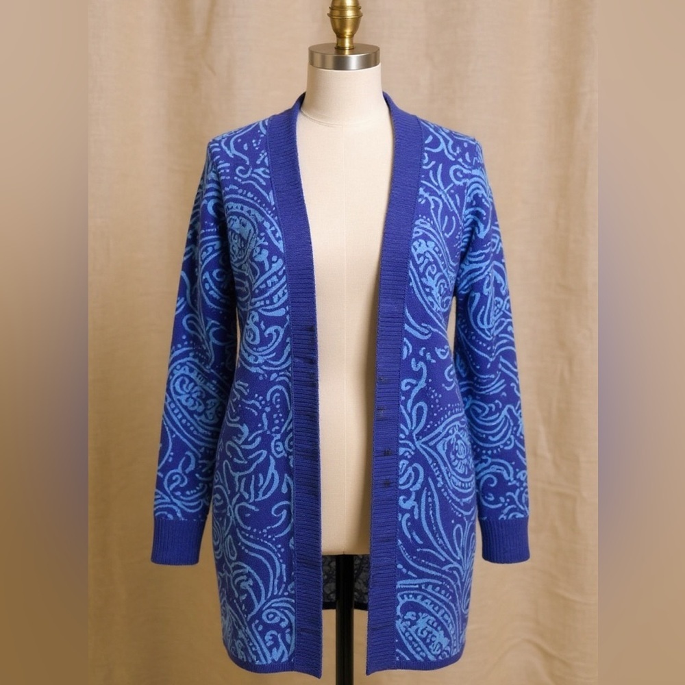Isaac Mizrahi Blue Paisley Double Knit Jacquard Cardigan Size XL